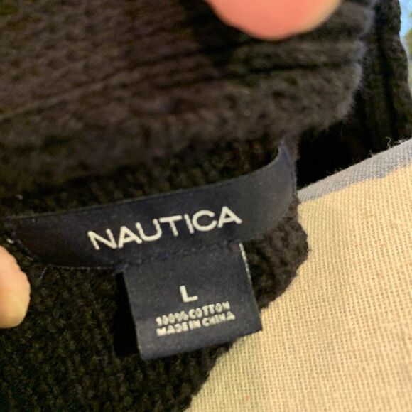 Nautica Women's L black cable V neck shawl collar cotton sweater - Picture 6 of 8